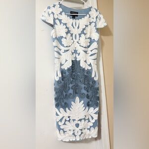 Frank Lyman Montreal Blue & White Embroidered  Mesh Dress Size Us 4